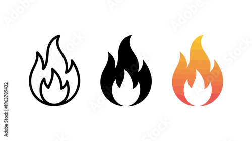 Three depictions of a flame are presented a line drawing a solid black silhouette and a color gradient version high quality professional detailed modern elegant stylish