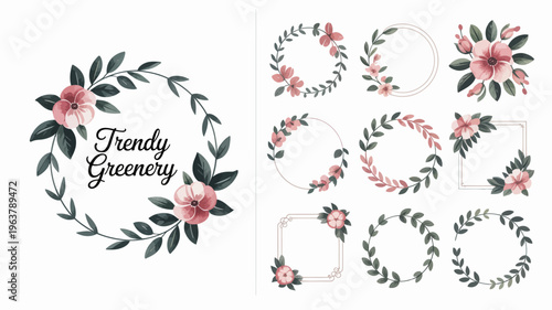 A collection of watercolor floral wreaths and frames featuring pink roses and lush green foliage perfect for wedding invitations high quality professional detailed modern elegant stylish