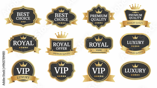 A collection of ornate gold and black badges and labels indicating quality royalty and premium offerings for various products high quality professional detailed modern elegant stylish