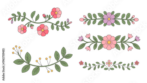 A collection of hand drawn floral branches and sprigs in varying shades of pink purple and green arranged on a white background high quality professional detailed