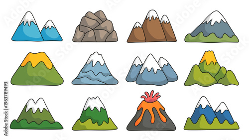 A collection of colorful cartoon style mountains and a volcano are displayed in a grid like arrangement on a white background high quality professional detailed modern