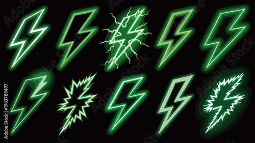 A vibrant collection of glowing neon green lightning bolt illustrations against a dark black background showcasing various shapes and intensities high quality professional detailed modern elegant