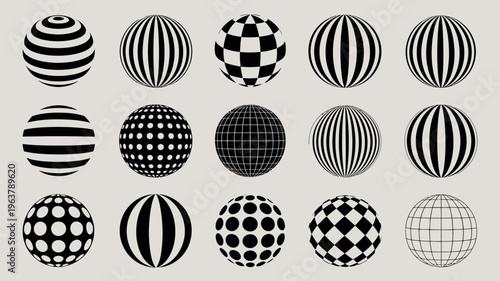 A collection of fifteen spherical optical illusions featuring varied black and white patterns creating depth and visual interest high quality professional detailed modern elegant stylish clean