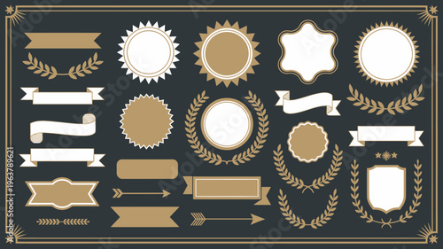 A collection of ornate vintage style gold and white badges ribbons and laurel wreaths are arranged on a dark background high quality professional detailed modern elegant