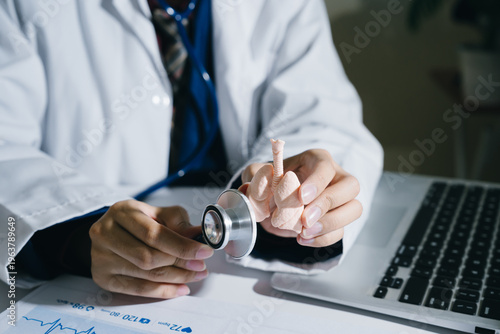 Bild auf Leinwand Healthcare professional examines model of lung while holding stethoscope, symbolizing medical education and patient care