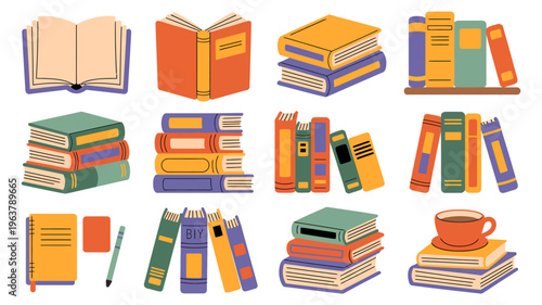 A colorful collection of illustrated books and reading materials are arranged in various stacks and groupings with a cup of coffee high quality professional detailed modern