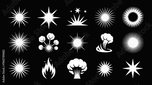 A collection of white stylized starbursts and explosion effects are displayed against a solid black background showcasing various shapes and designs high quality professional detailed modern
