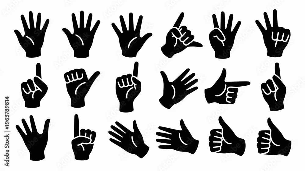 Fototapeta premium A collection of black silhouette hands displaying various hand gestures including pointing counting and sign language symbols high quality professional detailed modern elegant stylish clean crisp