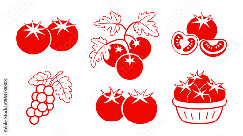 A vibrant illustration displays a variety of red tomatoes and grape bunches showcasing whole fruits slices and a basket arrangement high quality professional detailed modern elegant