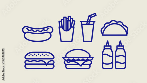 A collection of fast food icons is displayed including a hotdog french fries soda taco burger and sauce bottles high quality professional detailed modern elegant stylish