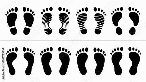 A series of black footprints are displayed on a white background showing different sole patterns and toe arrangements high quality professional detailed modern elegant stylish clean