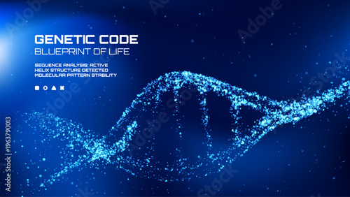 Abstract dna helix structure made of glowing particles on blue background. Scientific digital visualization of genetic code and molecular biology. Genomics research and biotechnology concept.