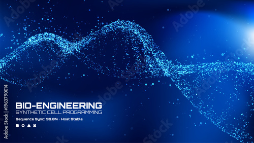 Dna double helix structure formed from glowing blue particles. Abstract digital background representing bioengineering and synthetic biology. Genetic research and science data visualization.