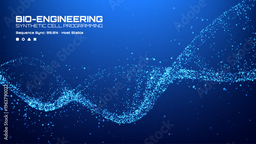 Blue DNA helix model made of glowing particles. Genetic engineering and biological research concept. Abstract background for biotechnology, medicine, science and genome sequencing data.
