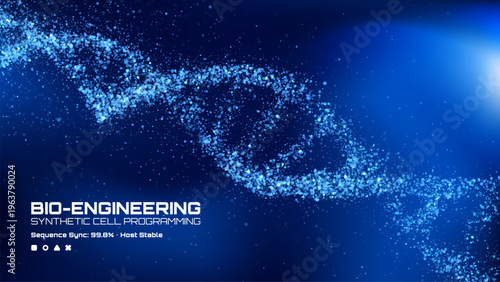 Abstract dna double helix structure formed by glowing particles on dark blue background. Genetic engineering and biotechnology concept. Scientific research data visualization and innovation.