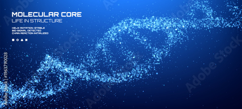 Glowing DNA double helix formed by blue particles on dark background. Digital visualization of genetic code and biotechnology research. Abstract molecular structure for science education.