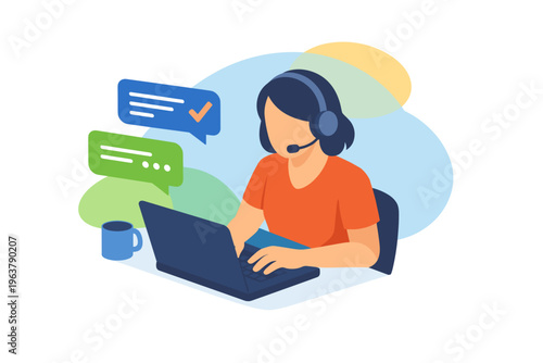 Customer service representative with headset and laptop communicating online.