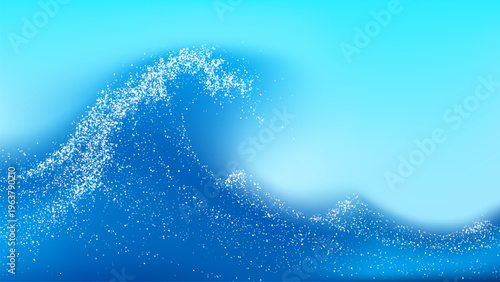 Ocean wave depicted with stipple dot effect. Abstract surge of sea water with white spray particles against blue background. Graphic vector design for nautical theme or summer poster.