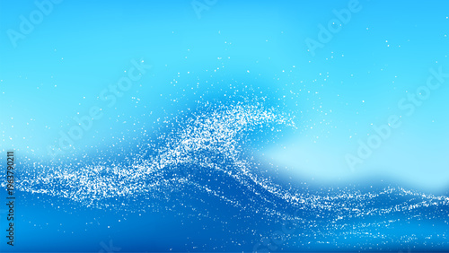 Blue ocean wave made of stipple dots. Abstract sea water background with white particle spray. Vector graphic illustration of rolling surf for nature design and water movement concept.