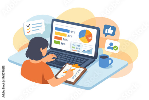 Woman analyzing financial data on laptop computer with charts and graphs.