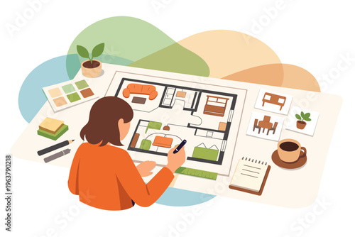 Interior designer working on a floor plan with color swatches and furniture samples.