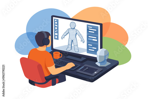 Person working on 3D character modeling on computer screen.