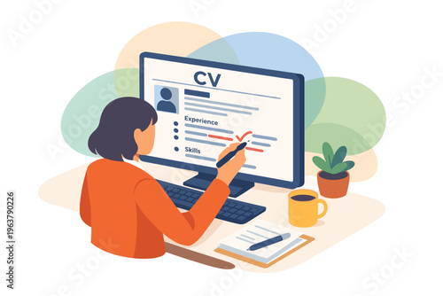 Woman filling out resume on computer screen for job application.