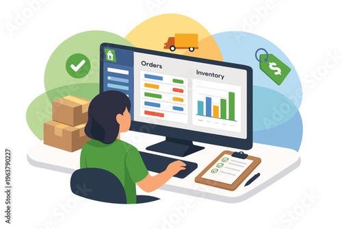 Woman managing online orders and inventory on computer screen.