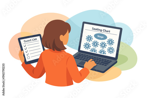 Woman Arranging Seating Chart on Laptop and Tablet.