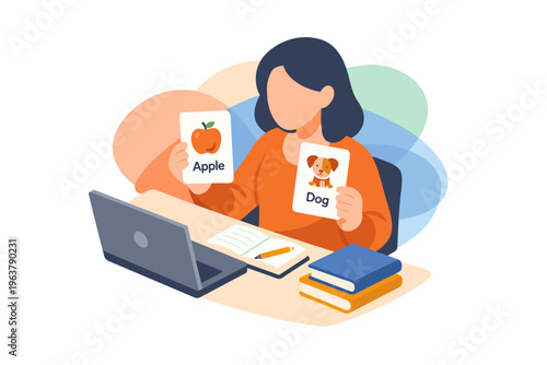 Woman teaching children online with flashcards and laptop.