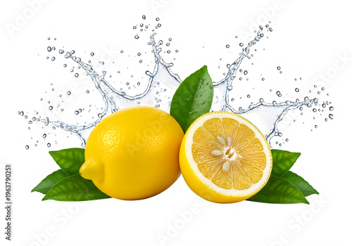 Fresh yellow lemon with water splash isolated on transparent background