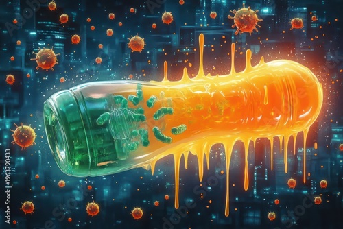 glowing elongated capsule-shaped microbe with green internal structures and dripping orange slime surrounded by floating virus particles above a neon futuristic city, ominous and unsettling