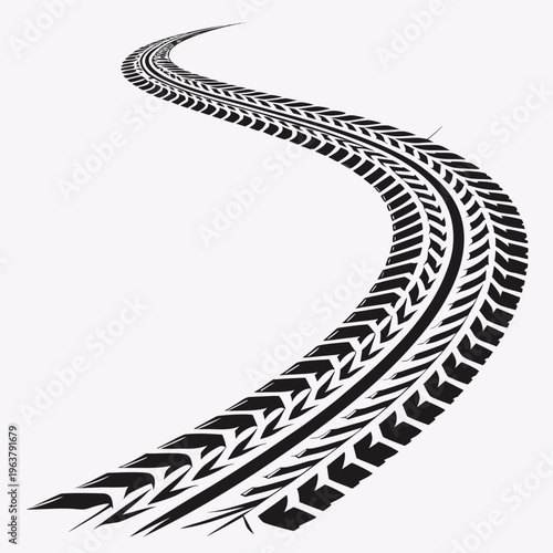 Grunge black tire track mark with rugged texture in a curved shape on white background. Concept of vehicle movement, off-road driving. Vector .