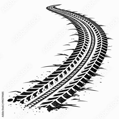 Grunge black tire track mark with rugged texture in a curved shape on white background. Concept of vehicle movement, off-road driving. Vector .