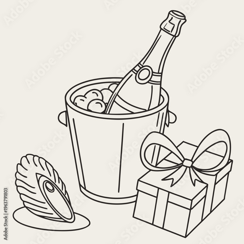 Hand-drawn sketch of a champagne bottle in an ice bucket, an oyster, and a ribbon bow on a light background. Concept of luxury celebration. Vector .