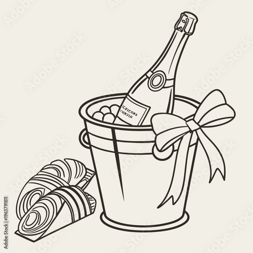Hand-drawn sketch of a champagne bottle in an ice bucket, an oyster, and a ribbon bow on a light background. Concept of luxury celebration. Vector .