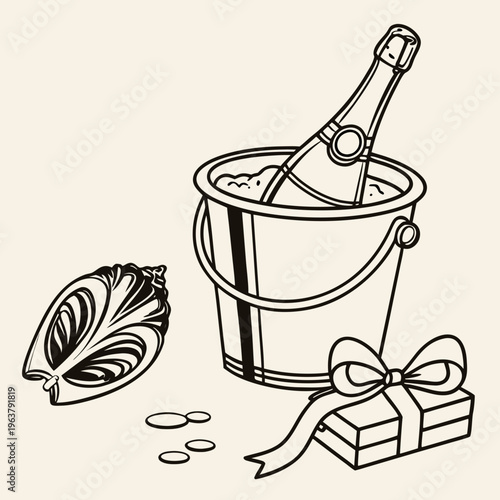 Hand-drawn sketch of a champagne bottle in an ice bucket, an oyster, and a ribbon bow on a light background. Concept of luxury celebration. Vector .