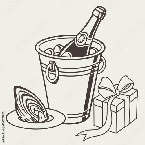 Hand-drawn sketch of a champagne bottle in an ice bucket, an oyster, and a ribbon bow on a light background. Concept of luxury celebration. Vector .