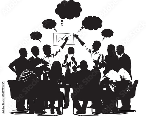 Business people discussing around meeting table in black silhouette with thought bubbles in minimalist style for corporate Transparent Background