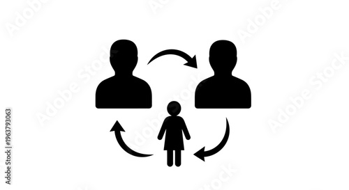 Black silhouettes of two adults and child.