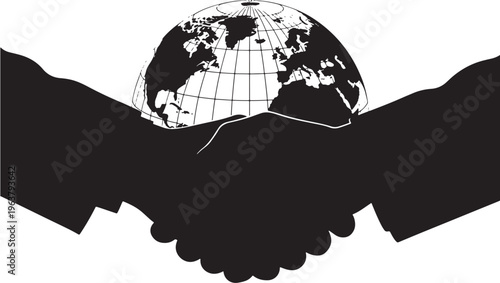 Handshake with globe silhouette in black and for business partnership Transparent Background