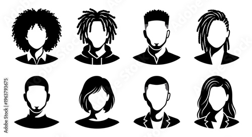 Professional collection of diverse avatar silhouettes featuring various hairstyles and clothing styles isolated on white background for user profile and community identity concepts.
