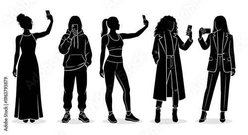 Professional collection of woman silhouettes in various outfits taking selfies with smartphones isolated on white background for social media and modern lifestyle concepts.