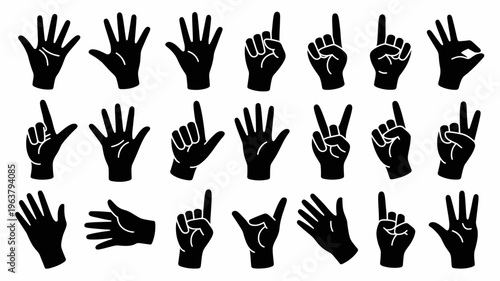 A collection of twenty one black silhouettes depicting various hand gestures and finger counts arranged in a grid like pattern on a white background high quality
