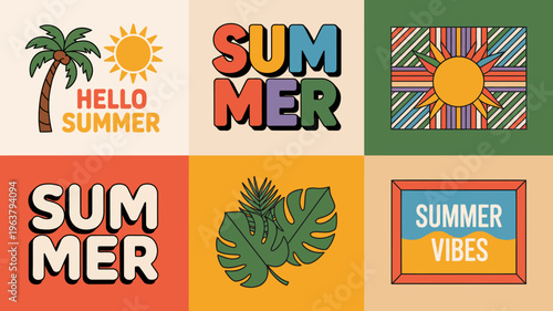 A vibrant colorful grid displays summery illustrations and typography featuring a palm tree sun and the words summer and hello summer high quality professional detailed modern