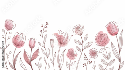 A delicate hand drawn illustration features a variety of pink and red floral blooms and foliage against a clean white background high quality professional detailed modern