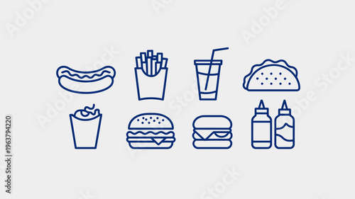 A collection of fast food items is displayed in a simple linear style including hotdogs fries burgers tacos and beverages high quality professional detailed modern elegant