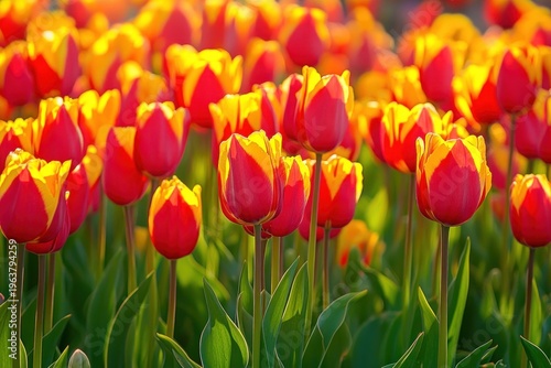 vibrant red and yellow tulip field bathed in warm sunlight with fresh green leaves and bright spring blooms radiating joy