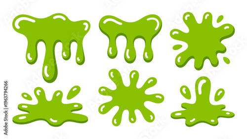 A collection of bright green slime splatters and drips are displayed against a clean white background creating a playful aesthetic high quality professional detailed modern elegant