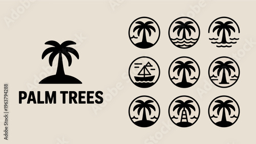 A collection of circular black silhouette icons depicts tropical scenes including palm trees sailboats and island landscapes high quality professional detailed modern elegant stylish clean crisp